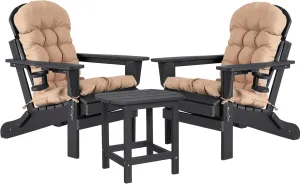 nalone Adirondack Chairs with Table Set, Folding Adirondack Chair Set of 2 with Cushions with Outdoor Side Table, HDPE Plastic Patio Chairs with End Table for Outdoor, Fire Pit, Deck (Black)