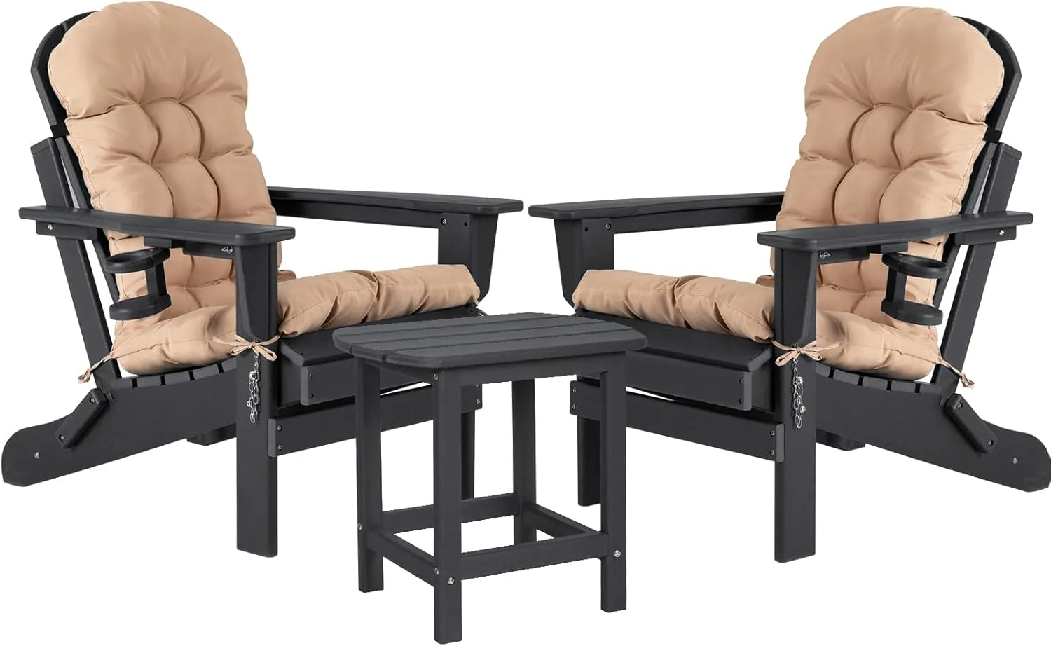 nalone Adirondack Chairs with Table Set, Folding Adirondack Chair Set of 2 with Cushions with Outdoor Side Table, HDPE Plastic Patio Chairs with End Table for Outdoor, Fire Pit, Deck (Black)