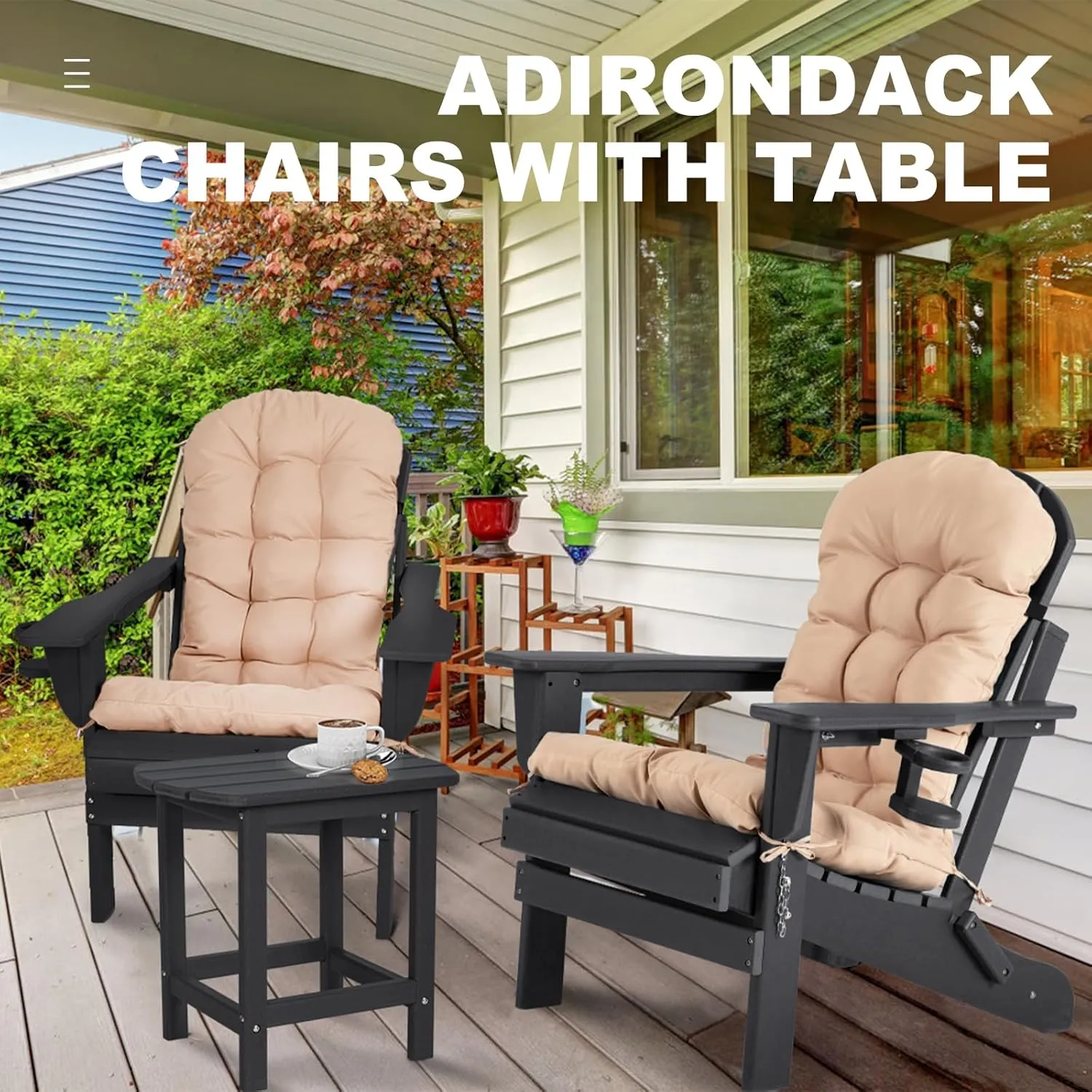 nalone Adirondack Chairs with Table Set, Folding Adirondack Chair Set of 2 with Cushions with Outdoor Side Table, HDPE Plastic Patio Chairs with End Table for Outdoor, Fire Pit, Deck (Black)