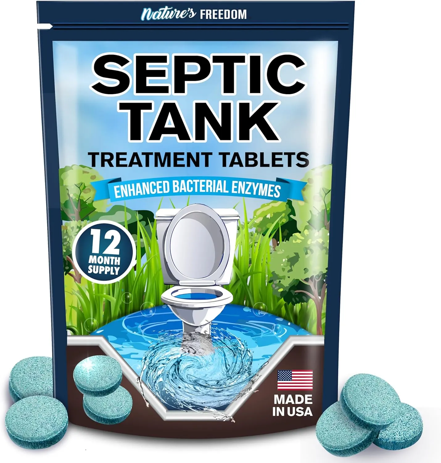 Nature's Freedom Septic Treatment Tablets – 1 Year Supply, Small Yet Powerful Enzyme Formula, Prevents Backups, Odors & Clogs, Made in the USA