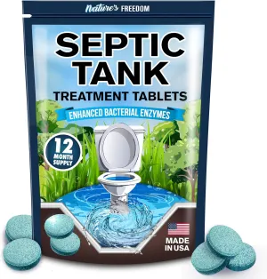 Nature's Freedom Septic Treatment Tablets – 1 Year Supply, Small Yet Powerful Enzyme Formula, Prevents Backups, Odors & Clogs, Made in the USA