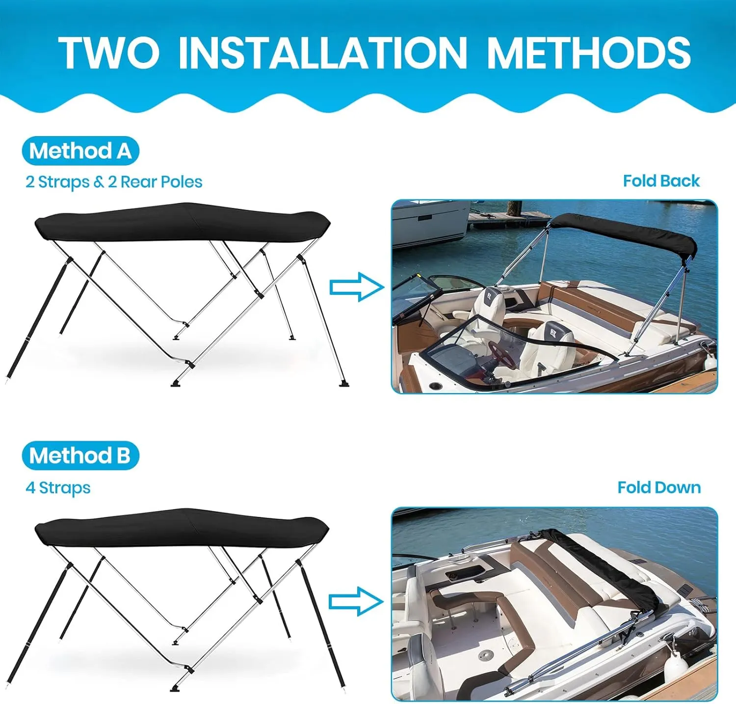 Naviskin 10 Optional Colors Available 3-4 Bow 13 Different Size Bimini Top Cover Includes Mounting Hardwares,Storage Boot with 1 Inch Aluminum Frame