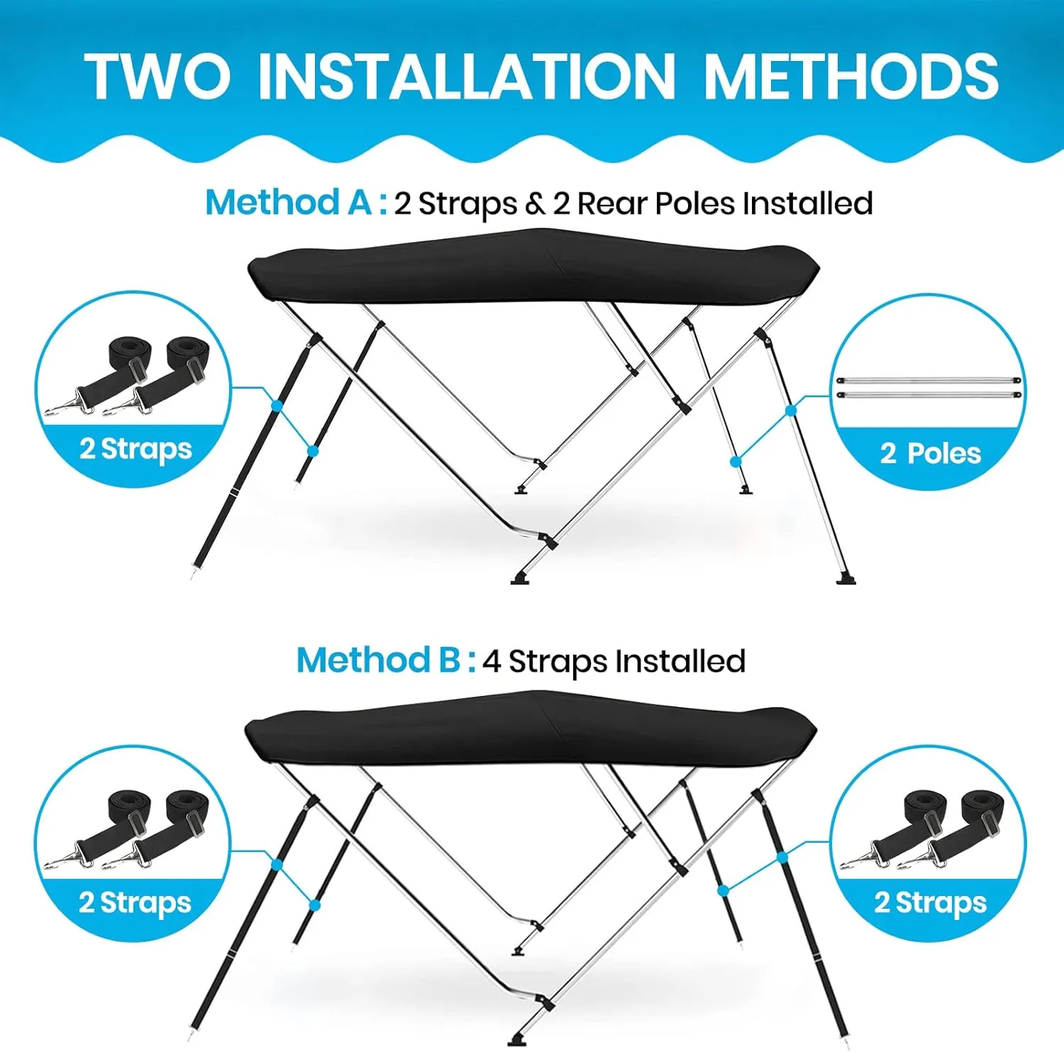 Naviskin 10 Optional Colors Available 3-4 Bow 13 Different Size Bimini Top Cover Includes Mounting Hardwares,Storage Boot with 1 Inch Aluminum Frame