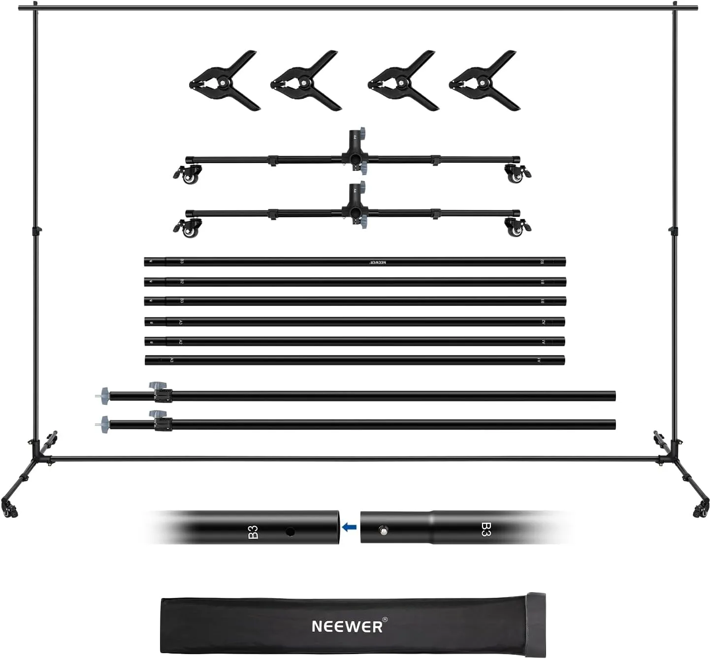 NEEWER Upgraded 10x7ft Backdrop Stand with Casters, Heavy Duty Background Stand with 6 Crossbars 2 Telescopic Poles 2 Telescopic Pulley Bases 4 Clips Carrying Bag, for Photo Shoot Party Wedding, NK-02