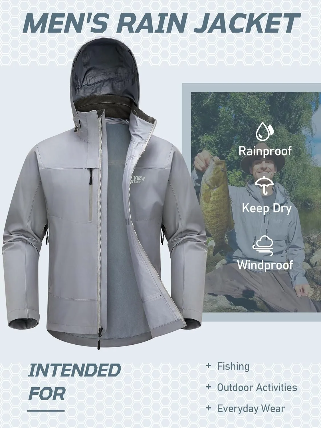 NEW VIEW Men's Lightweight Rain Jacket Waterproof with Hood, Storm Shell Stretch Rain Coat for Tri Weather Hiking,Travel,Golf
