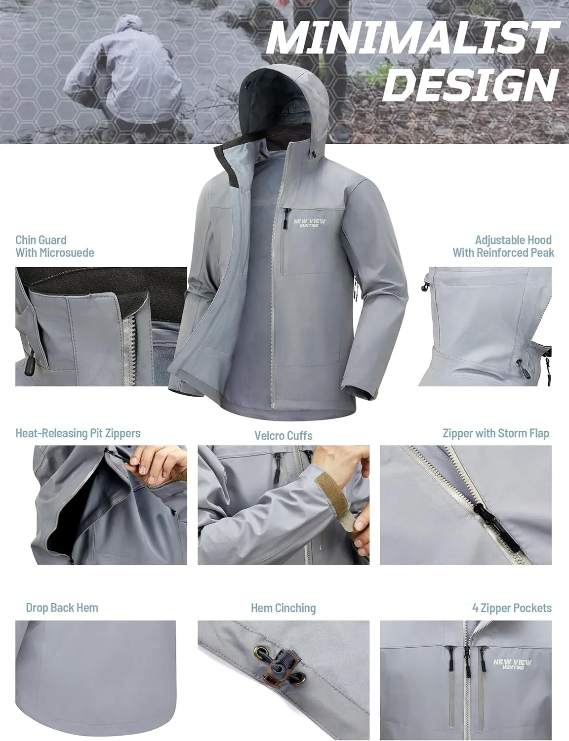 NEW VIEW Men's Lightweight Rain Jacket Waterproof with Hood, Storm Shell Stretch Rain Coat for Tri Weather Hiking,Travel,Golf