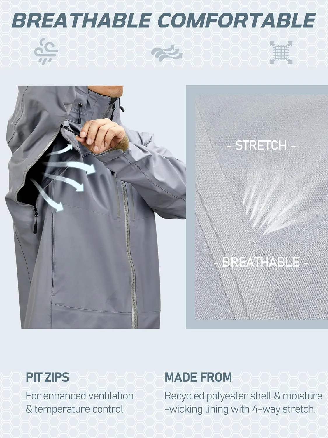 NEW VIEW Men's Lightweight Rain Jacket Waterproof with Hood, Storm Shell Stretch Rain Coat for Tri Weather Hiking,Travel,Golf