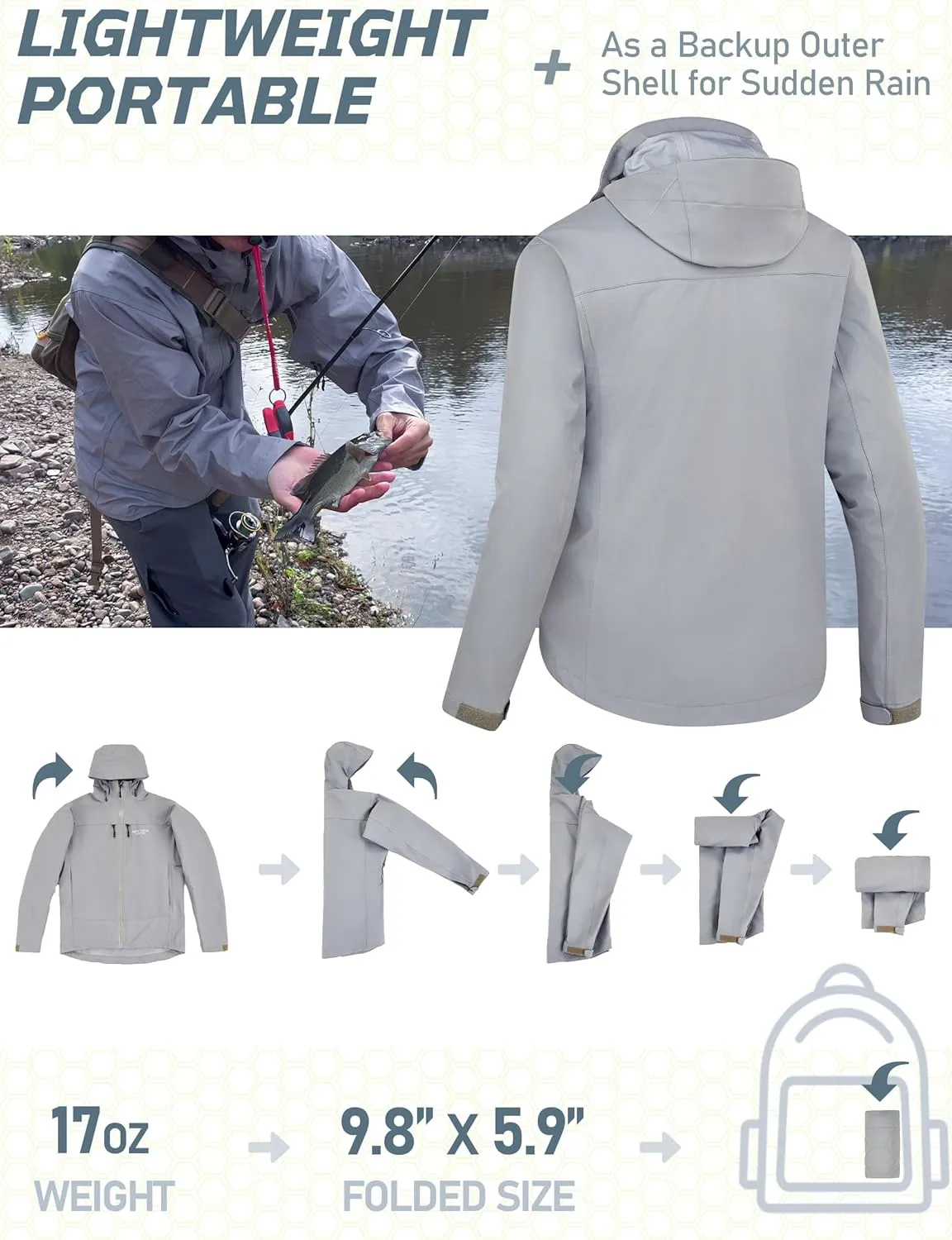 NEW VIEW Men's Lightweight Rain Jacket Waterproof with Hood, Storm Shell Stretch Rain Coat for Tri Weather Hiking,Travel,Golf