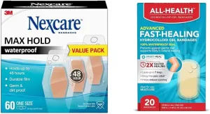 Nexcare Max Hold 60 Pack Waterproof Bandages Bundle with All Health Advanced Fast Healing Hydrocolloid Gel Bandages 20 Count