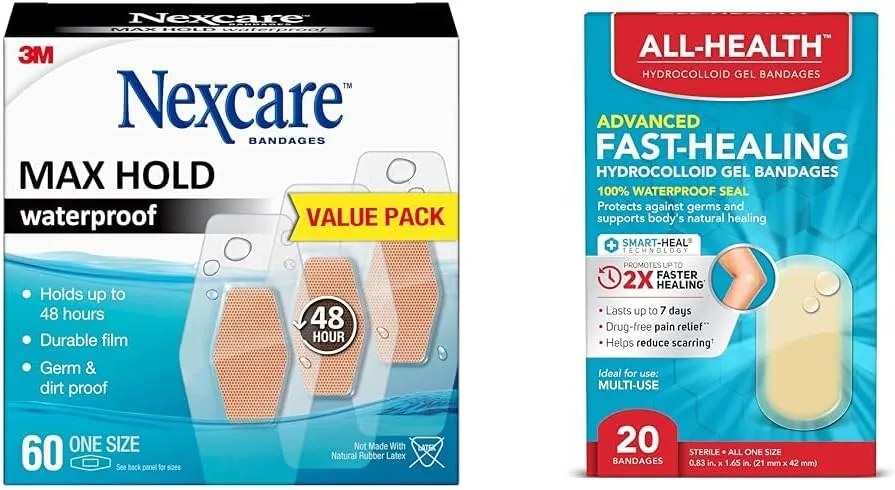 Nexcare Max Hold 60 Pack Waterproof Bandages Bundle with All Health Advanced Fast Healing Hydrocolloid Gel Bandages 20 Count
