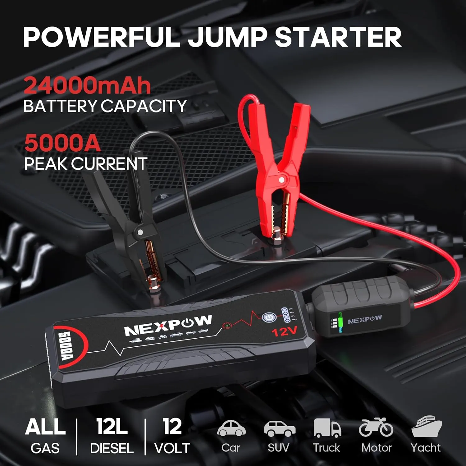 NEXPOW Car Jump Starter,Car Battery Jump Starter Pack 5000A Peak Q12 for All Gas and Up to10.0L Diesel Engine 12V Auto Battery Booster,Jumper Cables,Portable Jump Box with LED Light/USB QC3.0