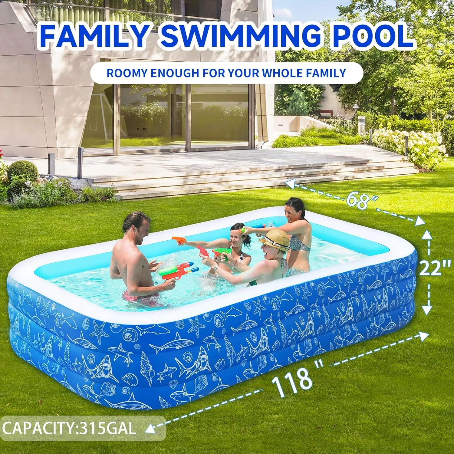nflatable Swimming Pool for Kids and Adults- 118" x 68" x 22" Family Full-Sized Blow Up Pools for Kids-Thickened Durable Above Ground Swimming Pool Backyard Lawn, Summer Party Outdoor and Indoor