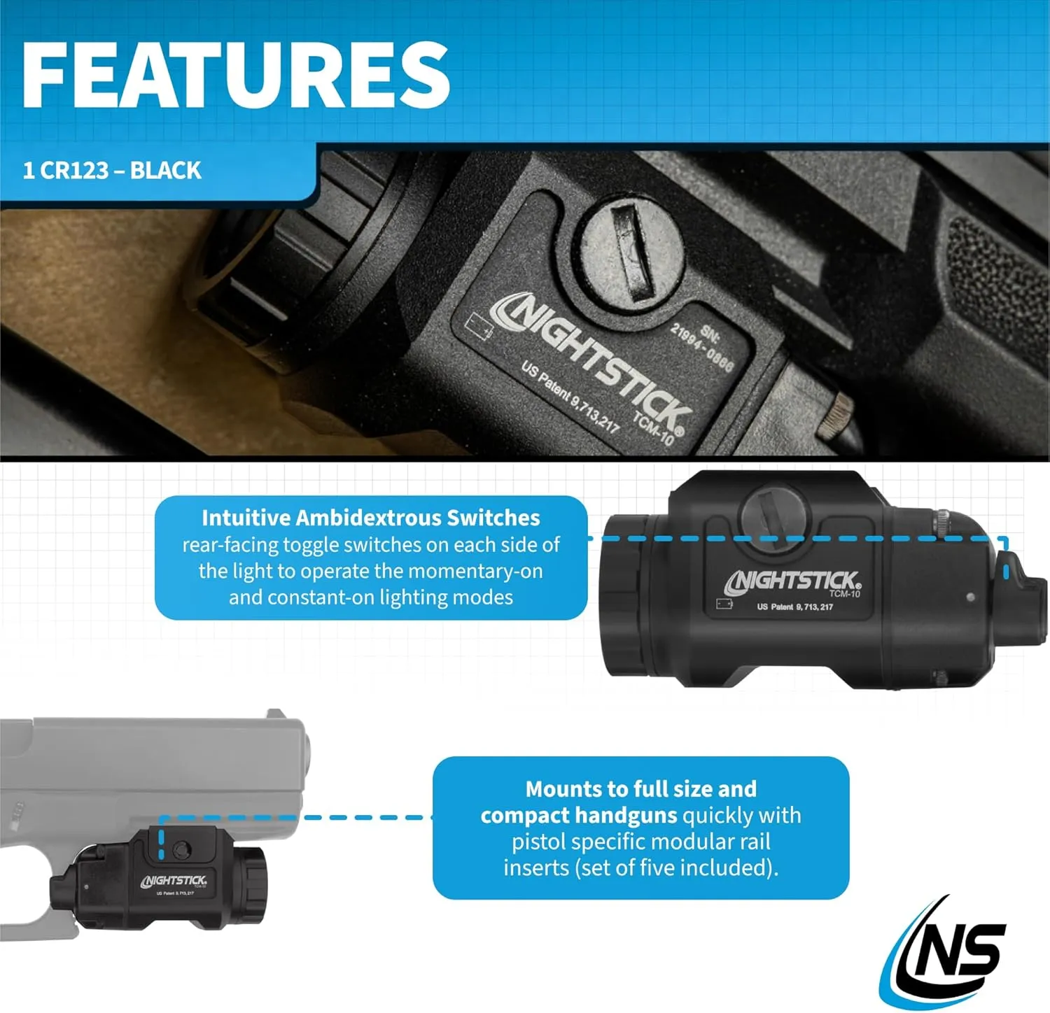 Nightstick TCM-10 Compact Handgun Light - 1 CR123 – Black