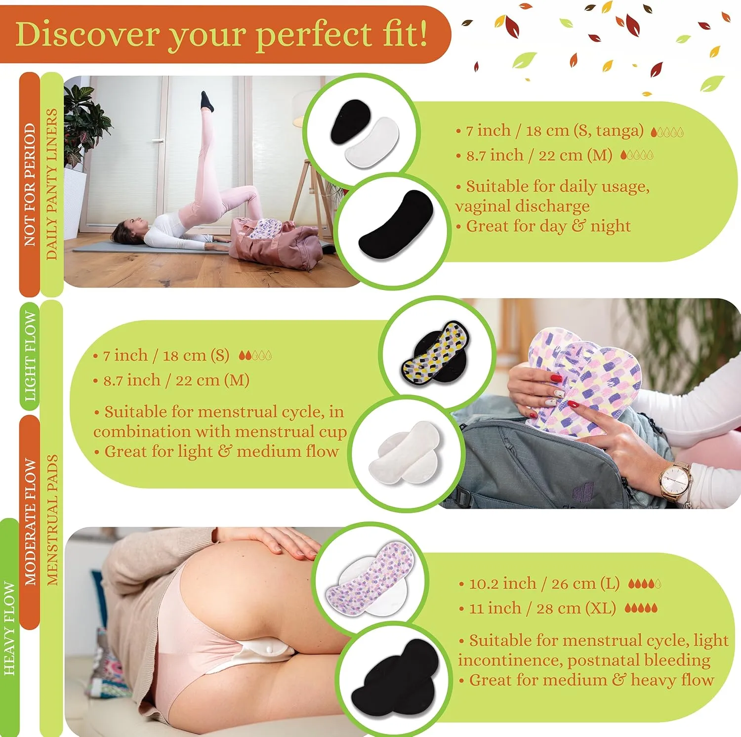 Non-Slip Organic Reusable Period Pads for Light Flow (S M, 6-Pack); High-Temp Washable Cotton Cloth Pads for Women & Teens; Non-Irritating, Soft Reusable Pads Menstrual for Comfortable Period Care