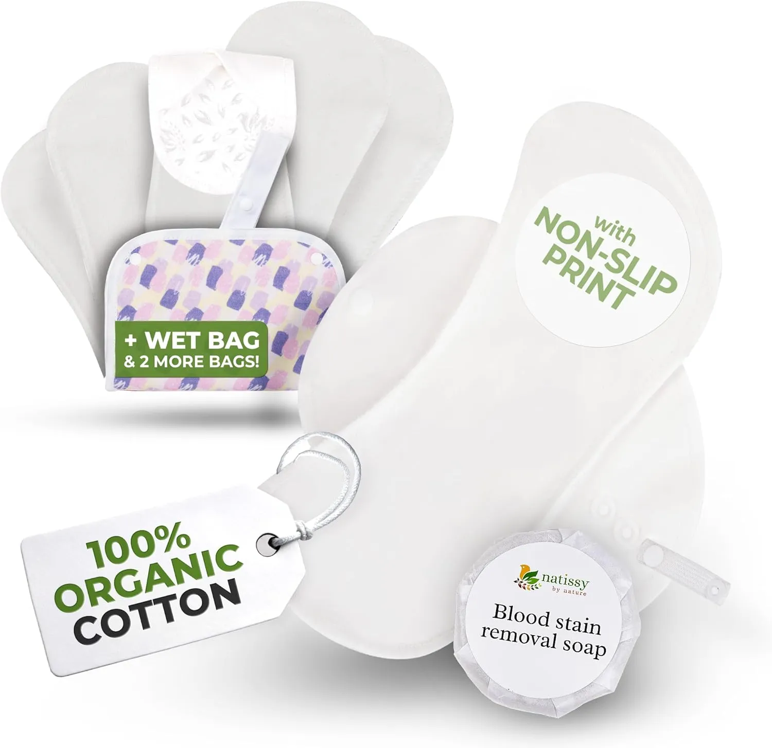 Non-Slip Organic Reusable Period Pads for Light Flow (S M, 6-Pack); High-Temp Washable Cotton Cloth Pads for Women & Teens; Non-Irritating, Soft Reusable Pads Menstrual for Comfortable Period Care