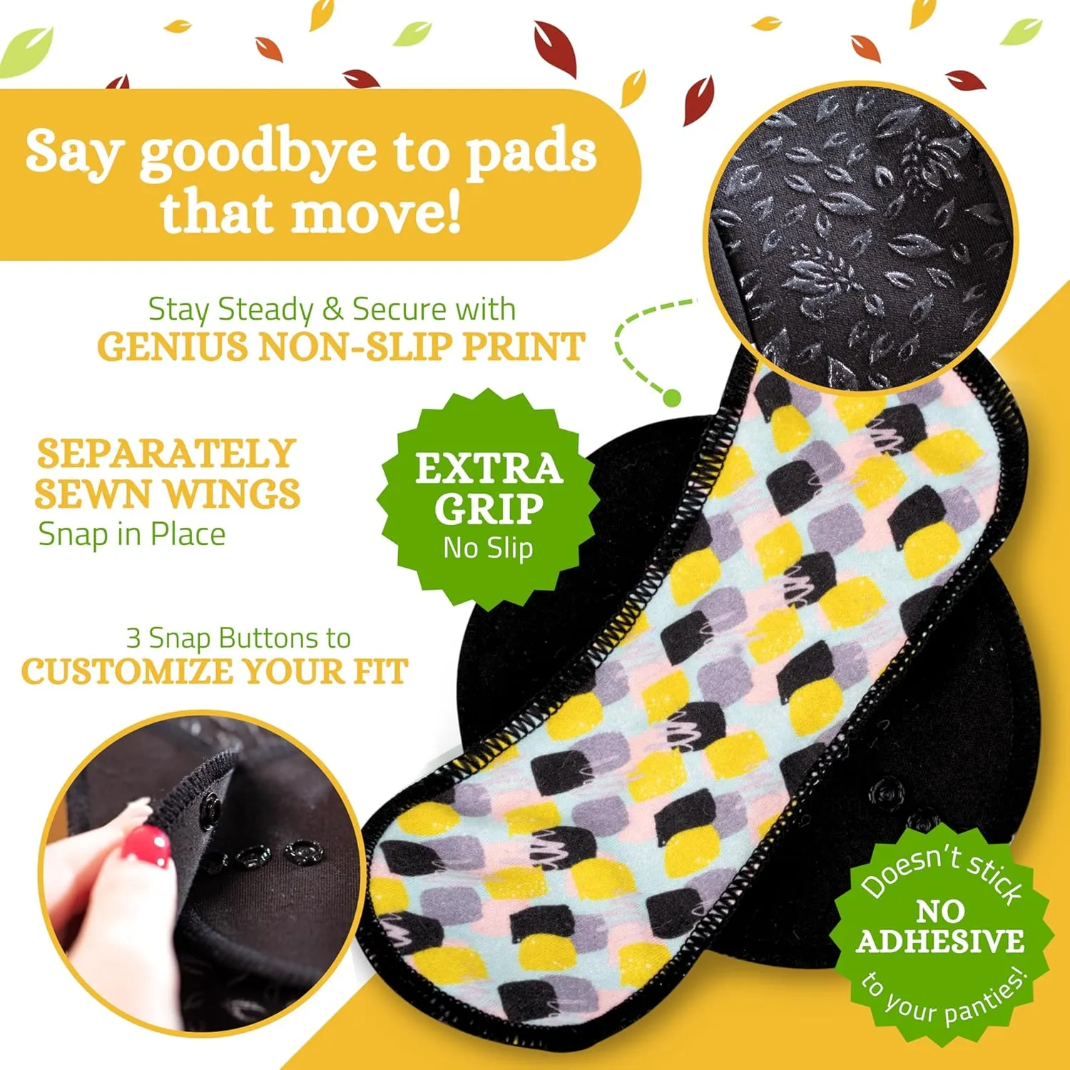 Non-Slip Organic Reusable Period Pads for Light Flow (S M, 6-Pack); High-Temp Washable Cotton Cloth Pads for Women & Teens; Non-Irritating, Soft Reusable Pads Menstrual for Comfortable Period Care