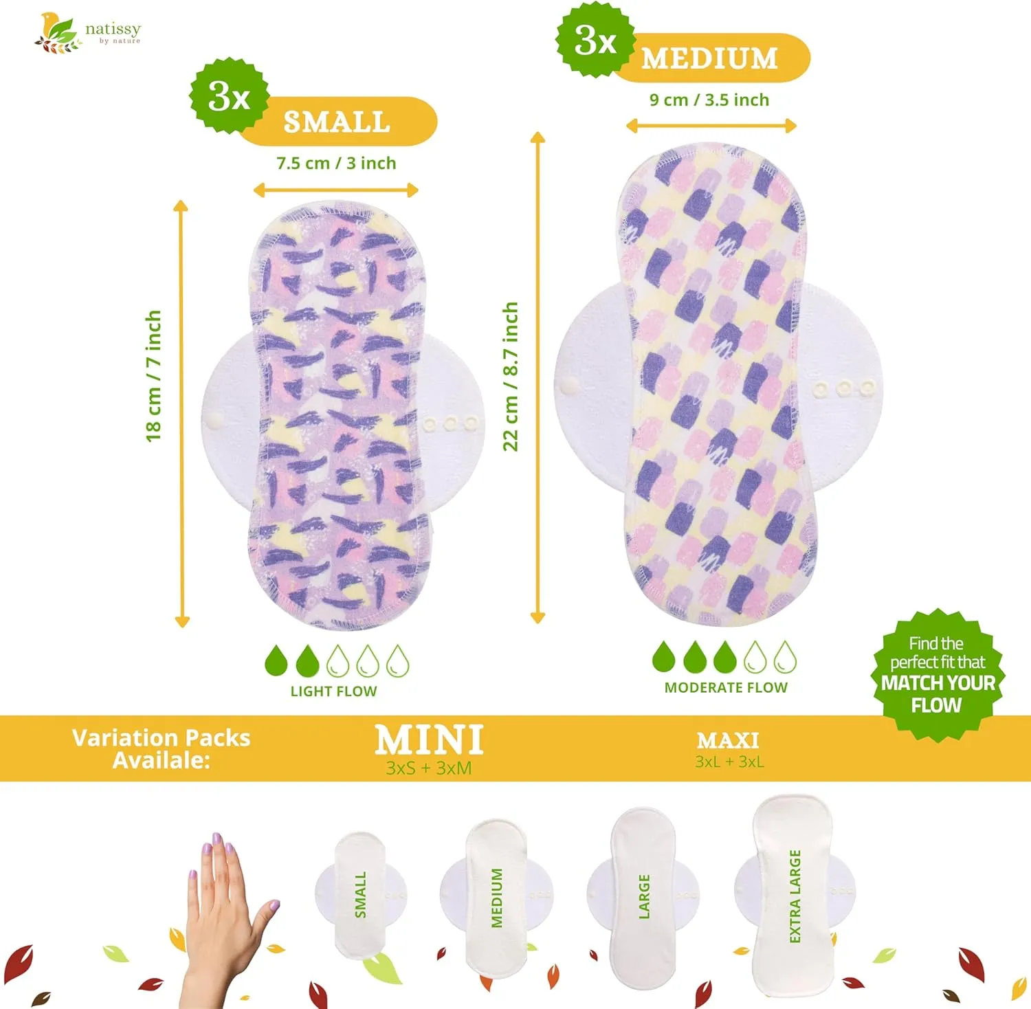 Non-Slip Organic Reusable Period Pads for Light Flow (S M, 6-Pack); High-Temp Washable Cotton Cloth Pads for Women & Teens; Non-Irritating, Soft Reusable Pads Menstrual for Comfortable Period Care