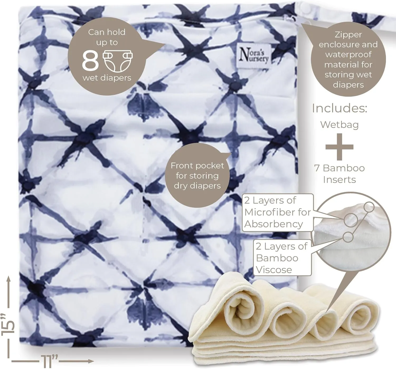 Nora's Nursery Cloth Diapers 7 Pack with 7 Inserts & 1 Wet Bag - Waterproof Cover, Washable, Reusable & One Size Adjustable Pocket Diapers for Newborns and Toddlers - Delilah