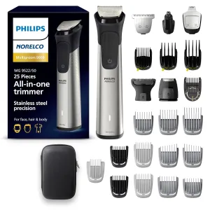 Norelco Philips Multigroom 9000 Series, All-in-One Trimmer, Beard Trimmer and Hair Clipper, 25-Piece/27-Length Men's Grooming Kit for Beard, Face, Nose, Ear and Body, Travel Kit, MG9522/50