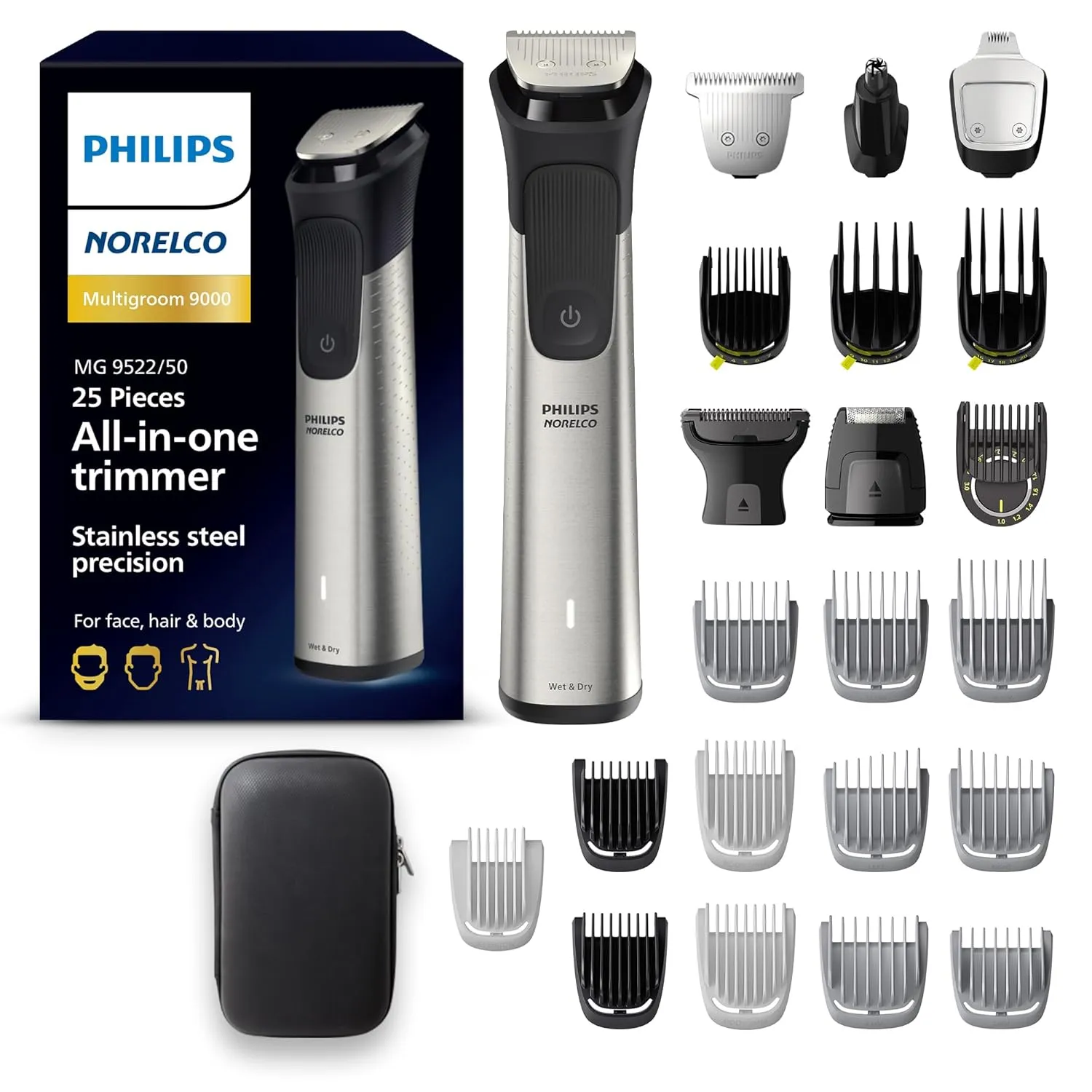 Norelco Philips Multigroom 9000 Series, All-in-One Trimmer, Beard Trimmer and Hair Clipper, 25-Piece/27-Length Men's Grooming Kit for Beard, Face, Nose, Ear and Body, Travel Kit, MG9522/50