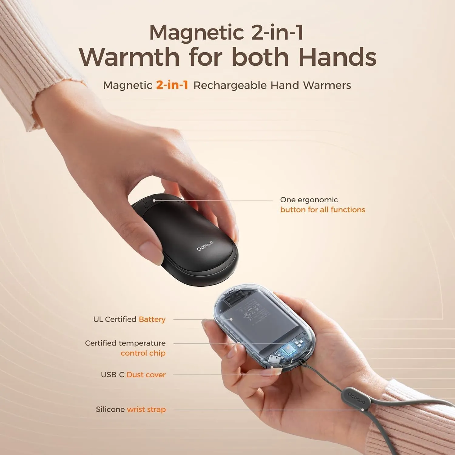 OCOOPA Magnetic Hand Warmers Rechargeable 2 Pack, AI Electric Handwarmers, Fast Heating, 3-Settings, UL Certified, Portable Heater, Gloves Fitting, Travel Essentials, Gifts Women Men, UT3 Lite