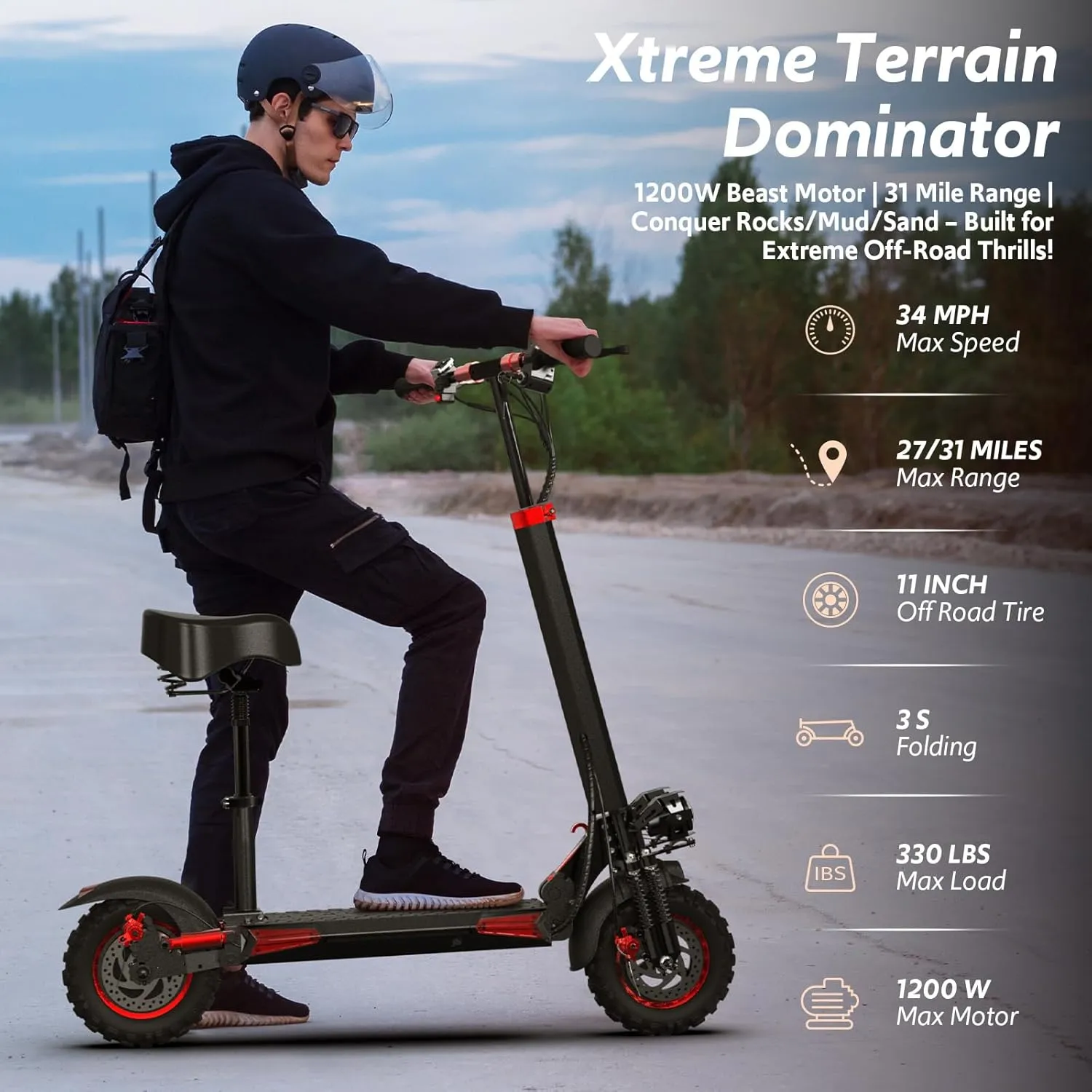 Off Road Electric Scooter for Adults, 1200W Motor, 48V 18/21AH Battery, 11" All-Terrain Tires, Heavy Duty E-Scooter with Dual Suspension with Seat