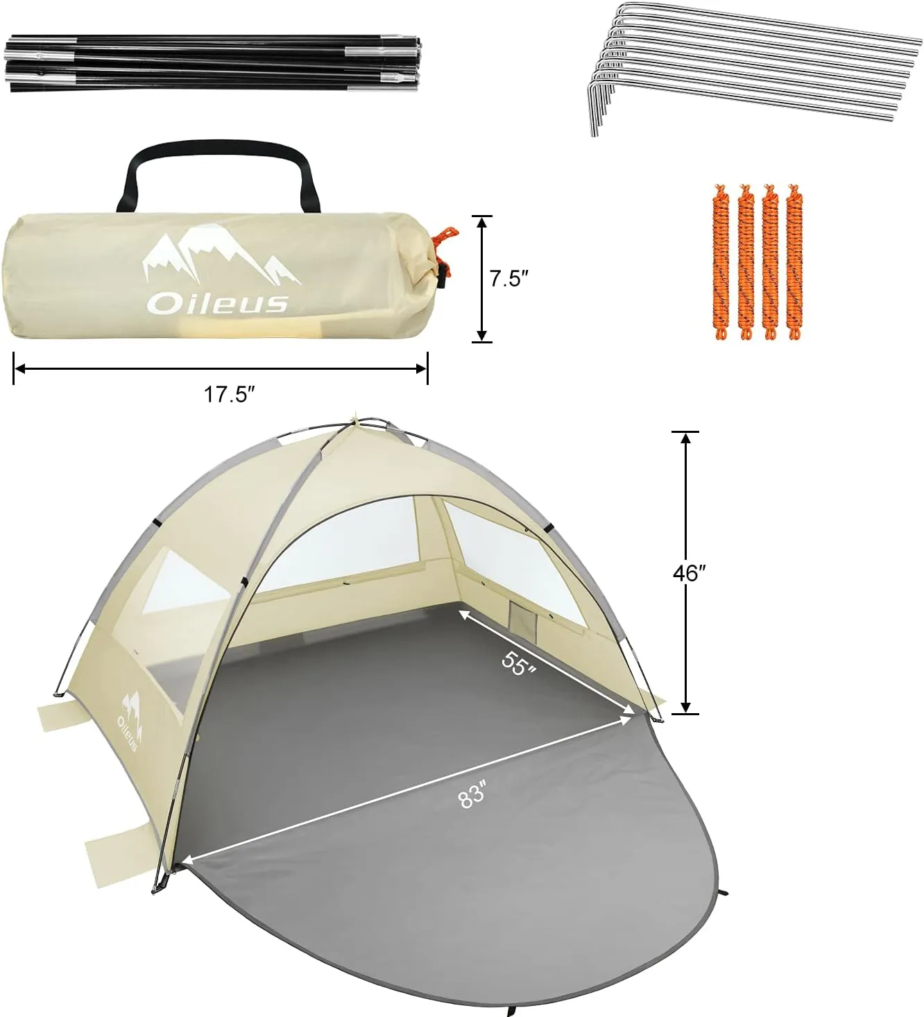 Oileus Beach Tent 2-3 Person Portable Sun Shade Shelter UV Protection, Extended Floor Ventilating Mesh Roll Up Windows Carrying Bag Stakes 6 Sand Pockets Fishing Hiking Camping, Khaki