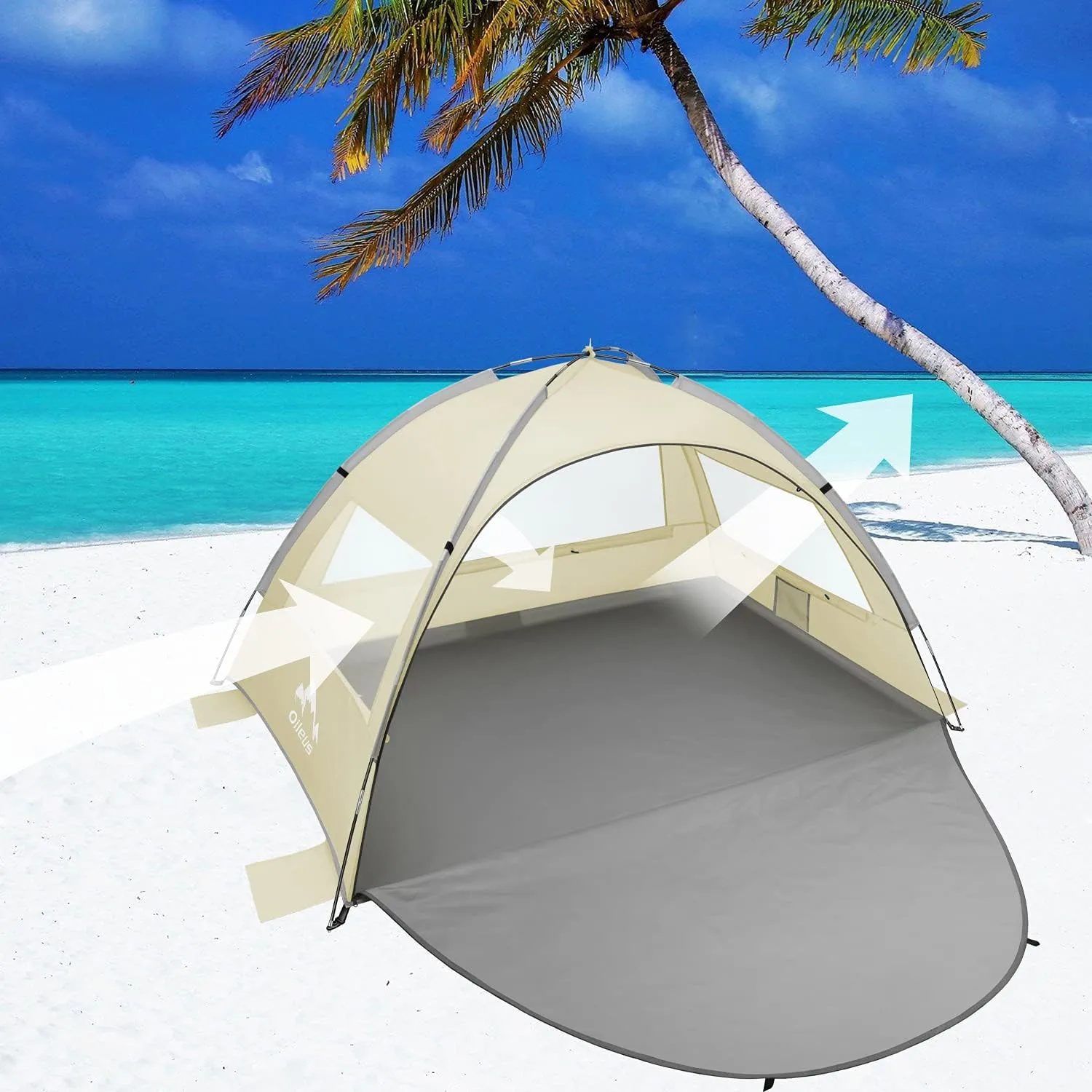 Oileus Beach Tent 2-3 Person Portable Sun Shade Shelter UV Protection, Extended Floor Ventilating Mesh Roll Up Windows Carrying Bag Stakes 6 Sand Pockets Fishing Hiking Camping, Khaki