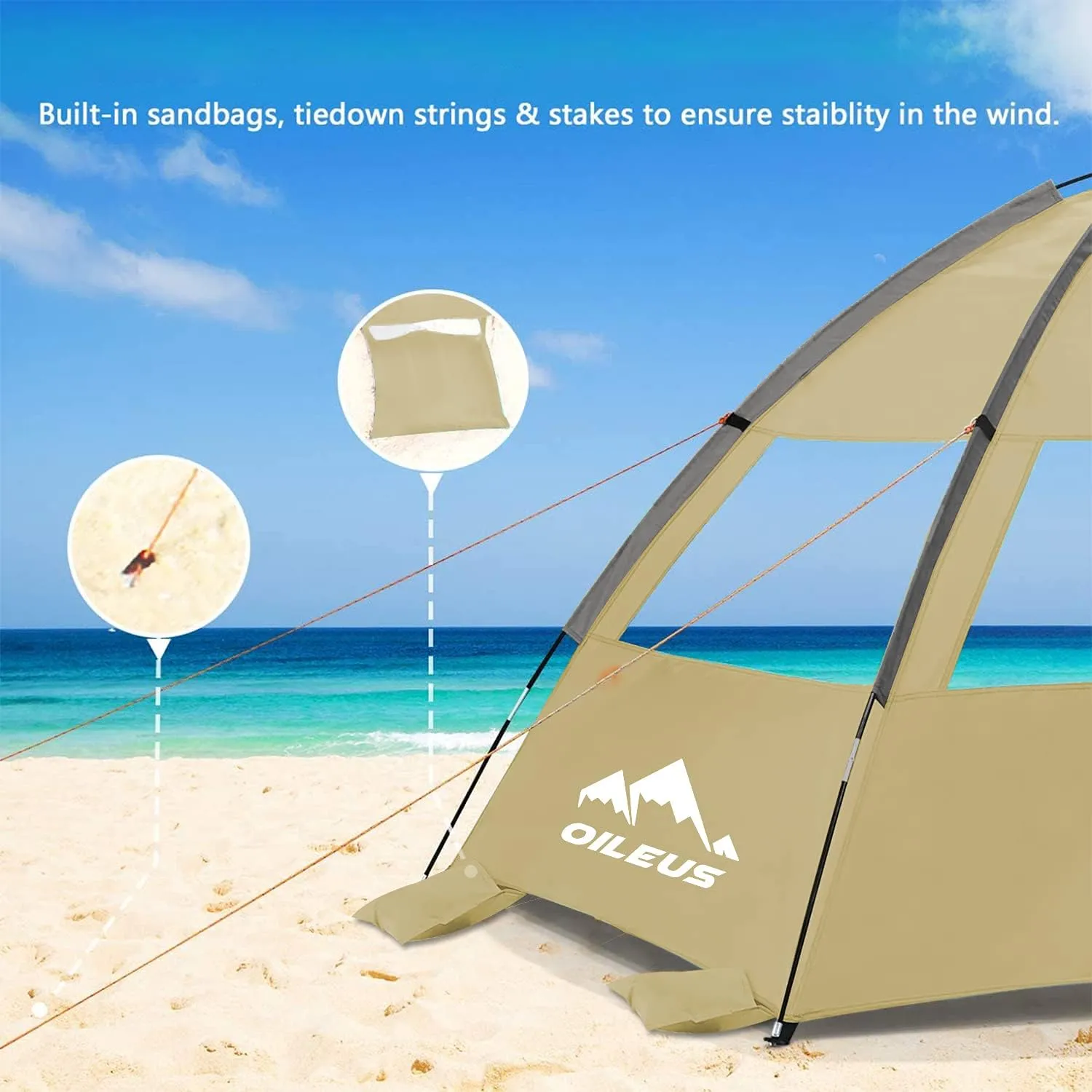 Oileus Beach Tent 2-3 Person Portable Sun Shade Shelter UV Protection, Extended Floor Ventilating Mesh Roll Up Windows Carrying Bag Stakes 6 Sand Pockets Fishing Hiking Camping, Khaki