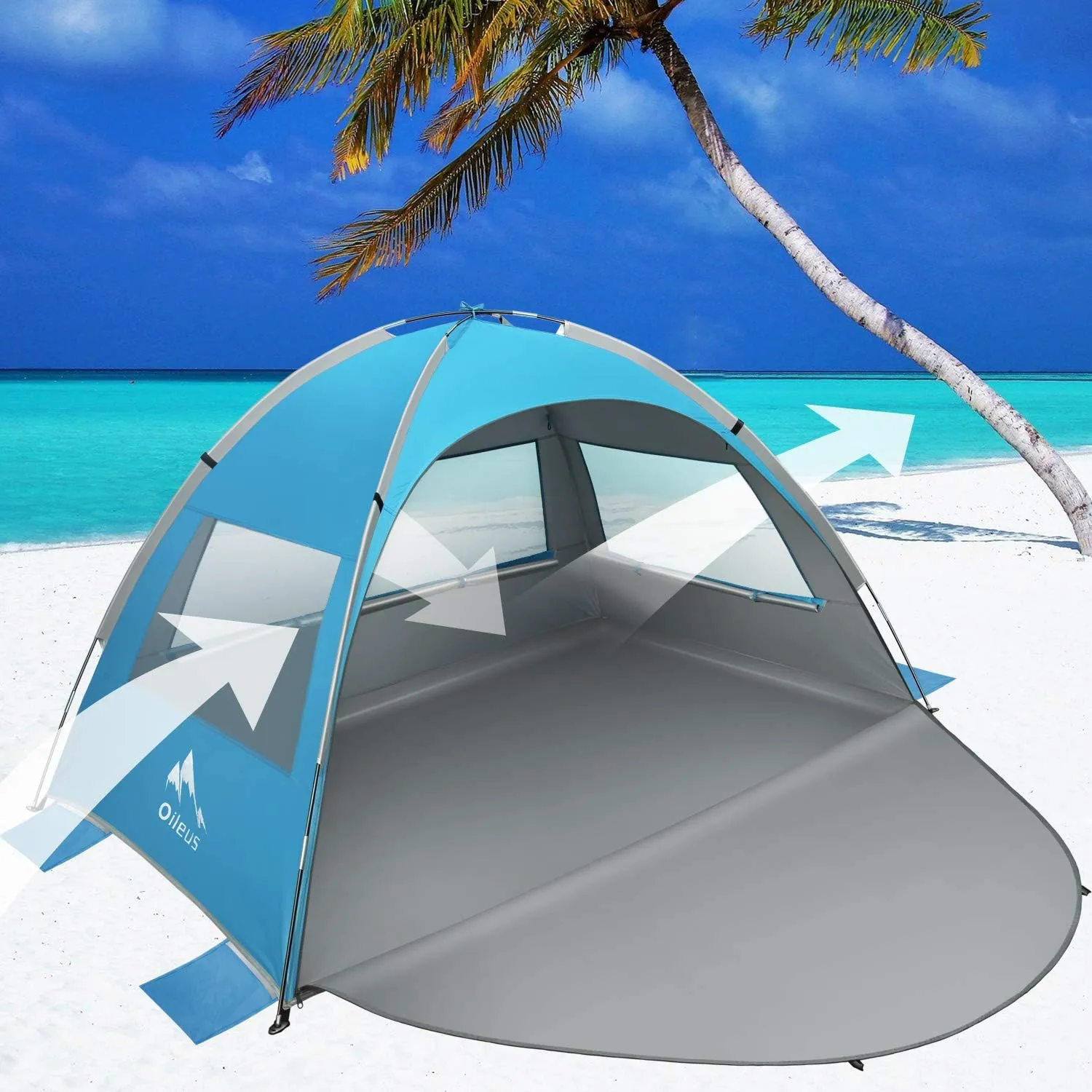 Oileus Beach Tent 2-3 Person Portable Sun Shade Shelter UV Protection, Extended Floor Ventilating Mesh Roll Up Windows Carrying Bag Stakes 6 Sand Pockets Fishing Hiking Camping,Blue
