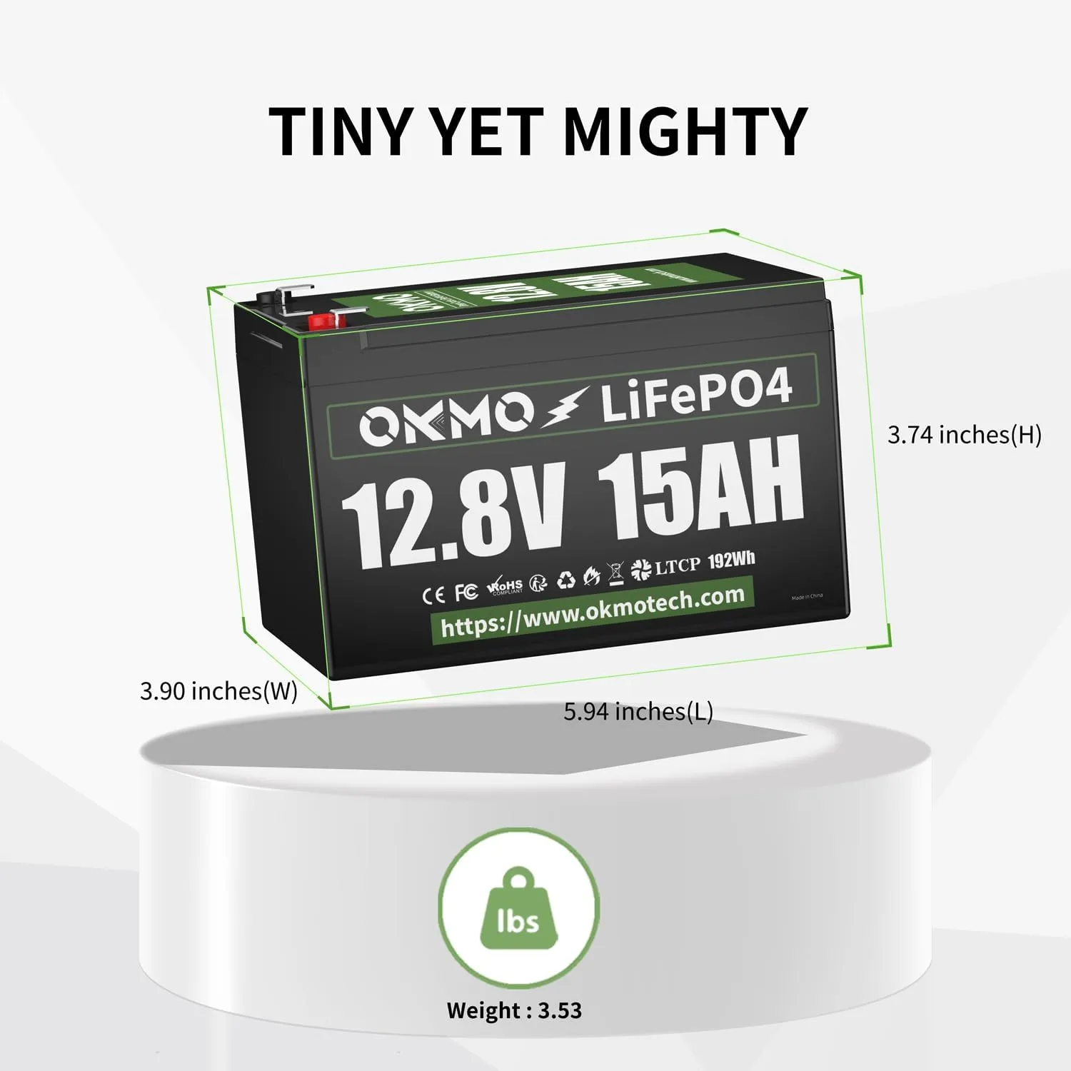 OKMO 12V 15Ah LiFePO4 Lithium Battery 12.8V, 4000  Deep Cycles rechargeable Battery, for UPS, Kayak Fish Finder, Solar Panel, Power Wheels Toys, Scooter, Radio