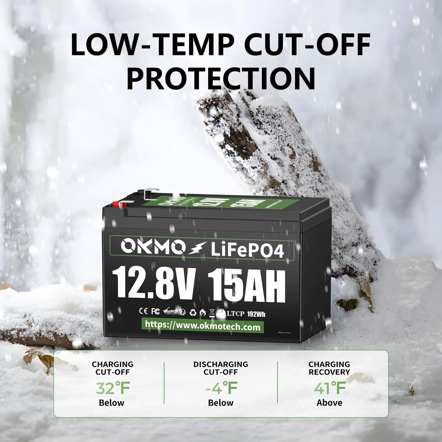 OKMO 12V 15Ah LiFePO4 Lithium Battery 12.8V, 4000  Deep Cycles rechargeable Battery, for UPS, Kayak Fish Finder, Solar Panel, Power Wheels Toys, Scooter, Radio