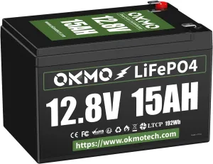 OKMO 12V 15Ah LiFePO4 Lithium Battery 12.8V, 4000  Deep Cycles rechargeable Battery, for UPS, Kayak Fish Finder, Solar Panel, Power Wheels Toys, Scooter, Radio