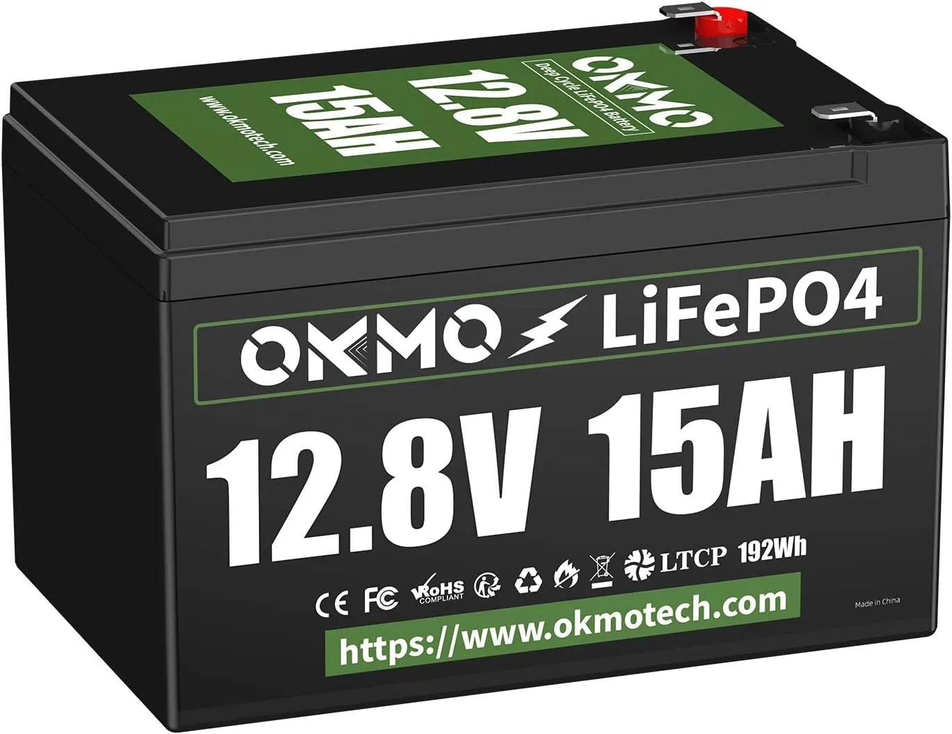 OKMO 12V 15Ah LiFePO4 Lithium Battery 12.8V, 4000  Deep Cycles rechargeable Battery, for UPS, Kayak Fish Finder, Solar Panel, Power Wheels Toys, Scooter, Radio