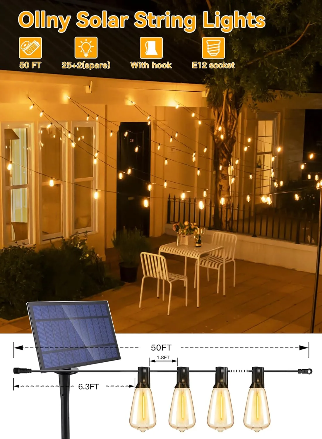Ollny 25 2 LEDs ST38 Solar String Lights for Outside, 50 FT USB & Solar Dual Charging Outdoor String Lights, 3 Modes 5 Timers 10 Brightness 2200K Waterproof Patio Light for Porch Garden Camping