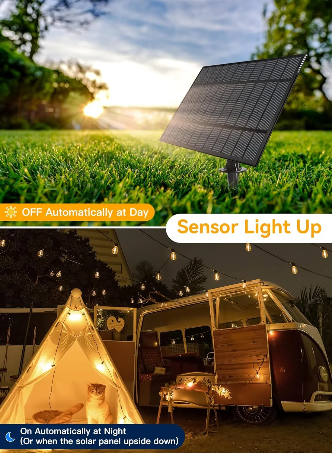 Ollny 25 2 LEDs ST38 Solar String Lights for Outside, 50 FT USB & Solar Dual Charging Outdoor String Lights, 3 Modes 5 Timers 10 Brightness 2200K Waterproof Patio Light for Porch Garden Camping