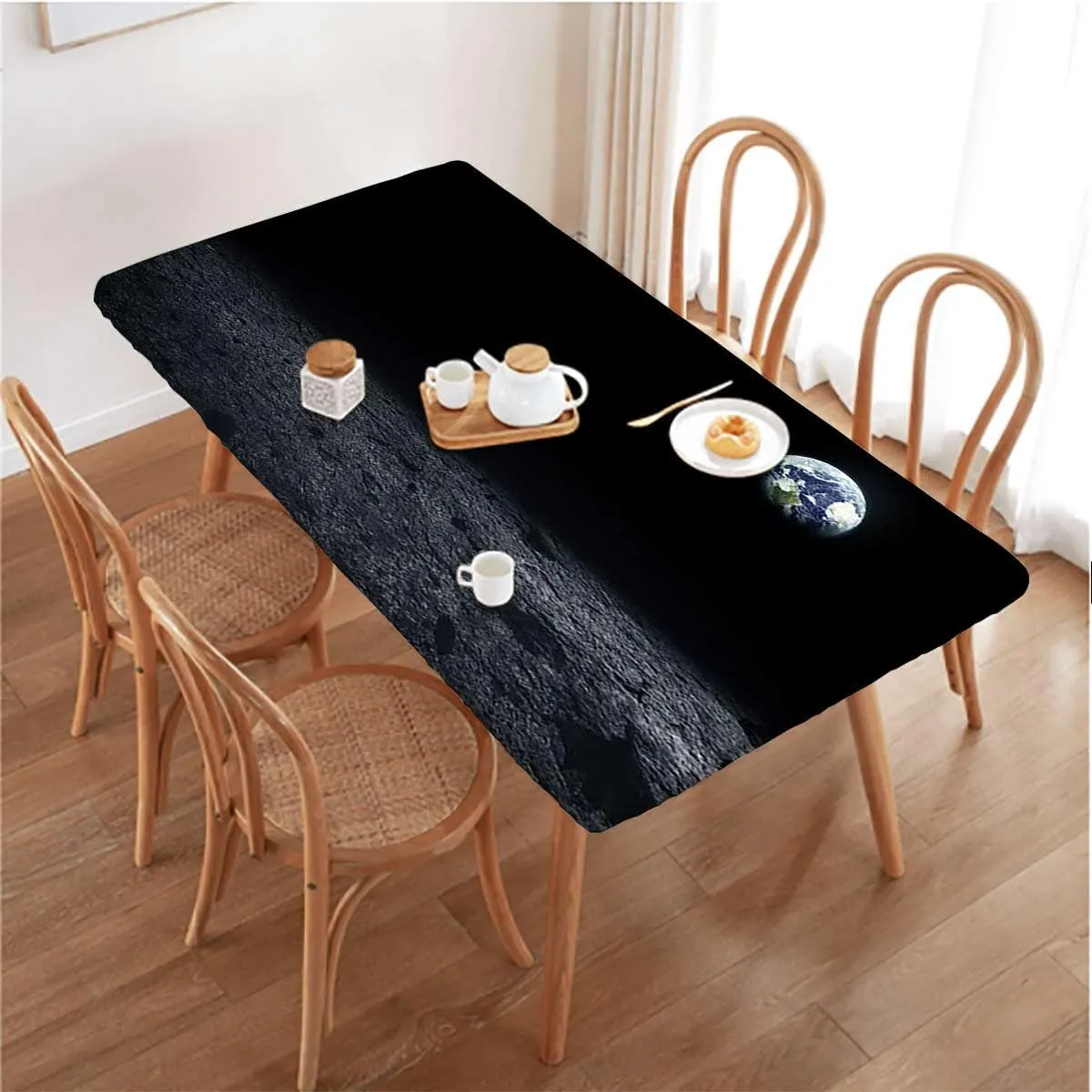 OOzie Black Grey Blue Tablecloth Elastic Edge Fitted Space Planet Earth in Solar System Wooden Boards Oil Proof Waterproof Tablecloth for Picnic Party Earth Fits up 4 Foot Tables