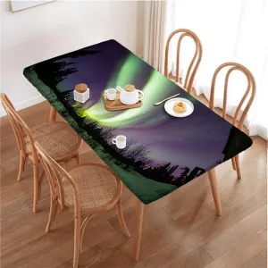 OOzie Green Dark Blue Violet Elastic Tablecloth for Indoors Outdoors Solar Starry Sky Night Elastic Edge Fitted Tablecloth for Rectangle Table Aurora Borealis Fits up 5 Foot Tables