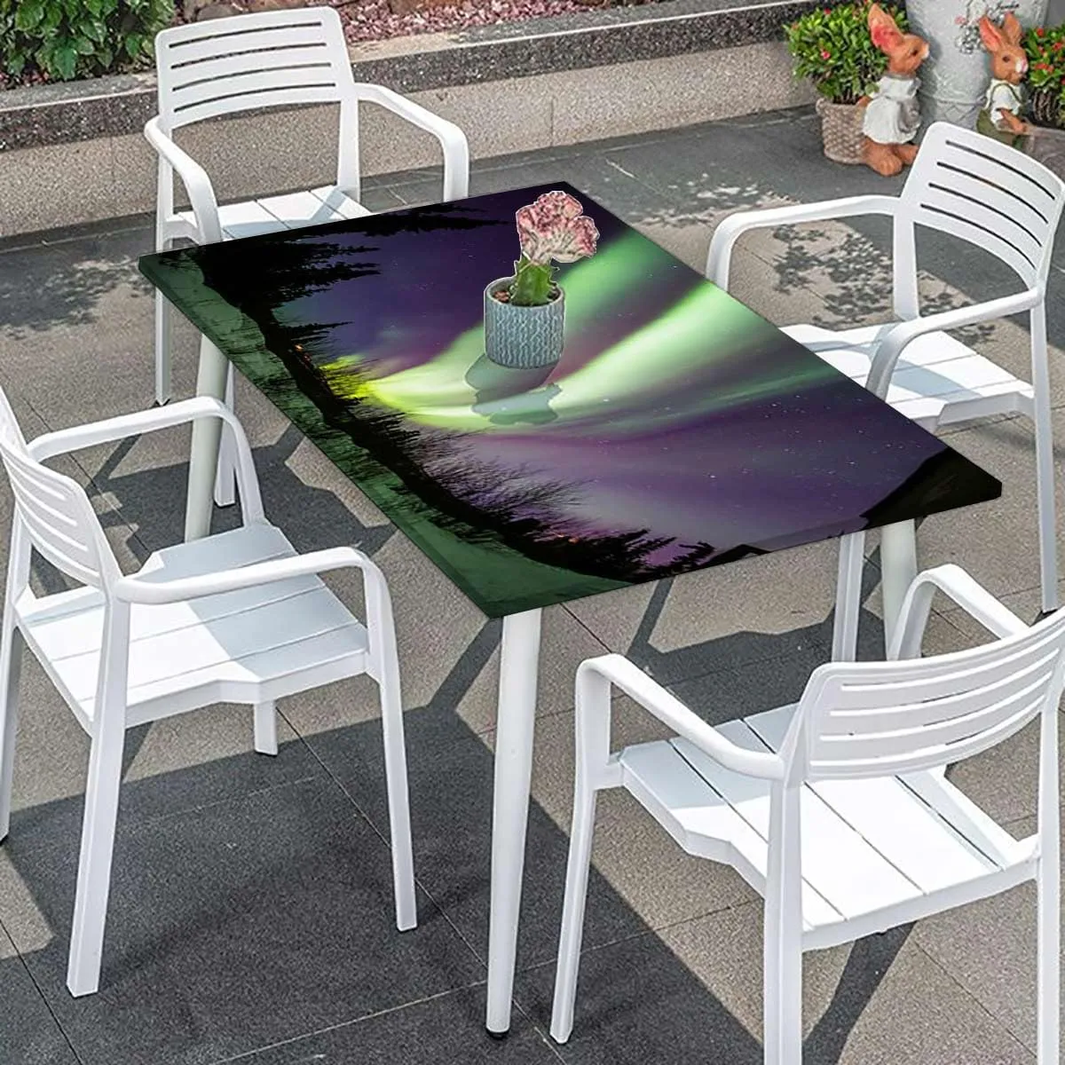 OOzie Green Dark Blue Violet Elastic Tablecloth for Indoors Outdoors Solar Starry Sky Night Elastic Edge Fitted Tablecloth for Rectangle Table Aurora Borealis Fits up 5 Foot Tables