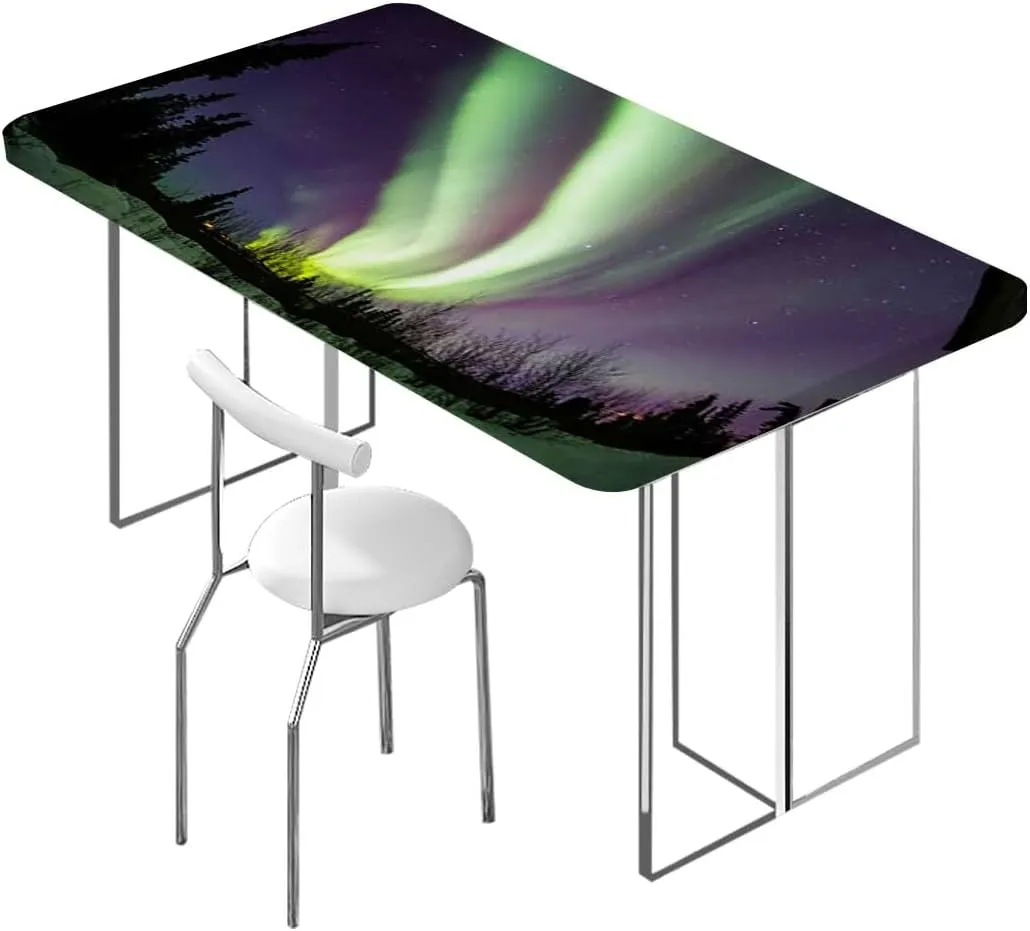 OOzie Green Dark Blue Violet Elastic Tablecloth for Indoors Outdoors Solar Starry Sky Night Elastic Edge Fitted Tablecloth for Rectangle Table Aurora Borealis Fits up 5 Foot Tables