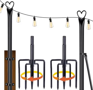 Ottsuls String Light Poles with 5 Fork, 2 Pack 10Ft Light Poles for Outside, Light Stands for Outdoor Use, Ideal for Garden, Patio, Wedding, Backyard, Deck, Party