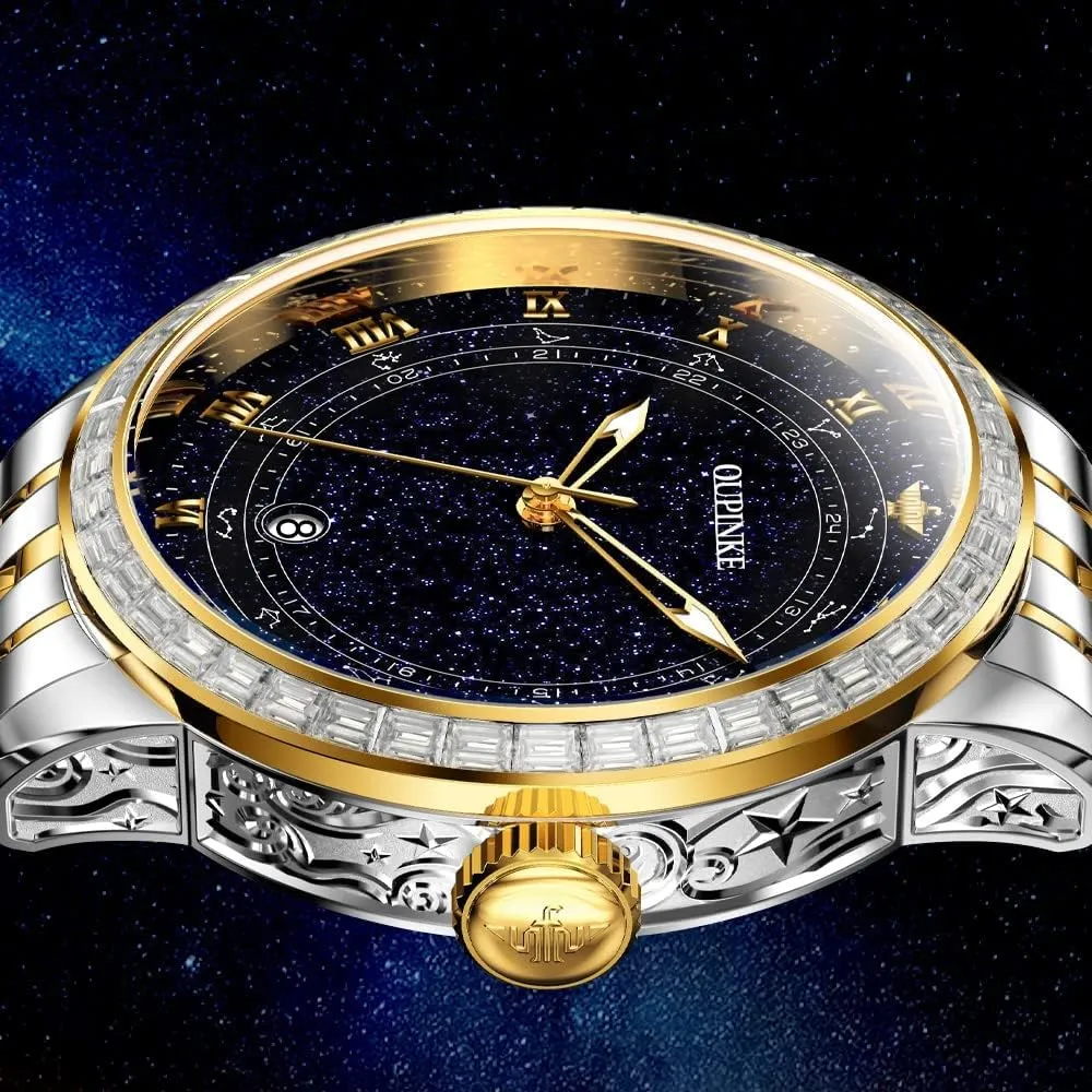 OUPINKE Automatic Watches for Men Starry Sky Luxury Mechanical Waterproof Date Luminous Sapphire Tungsten Steel Wrist Watch
