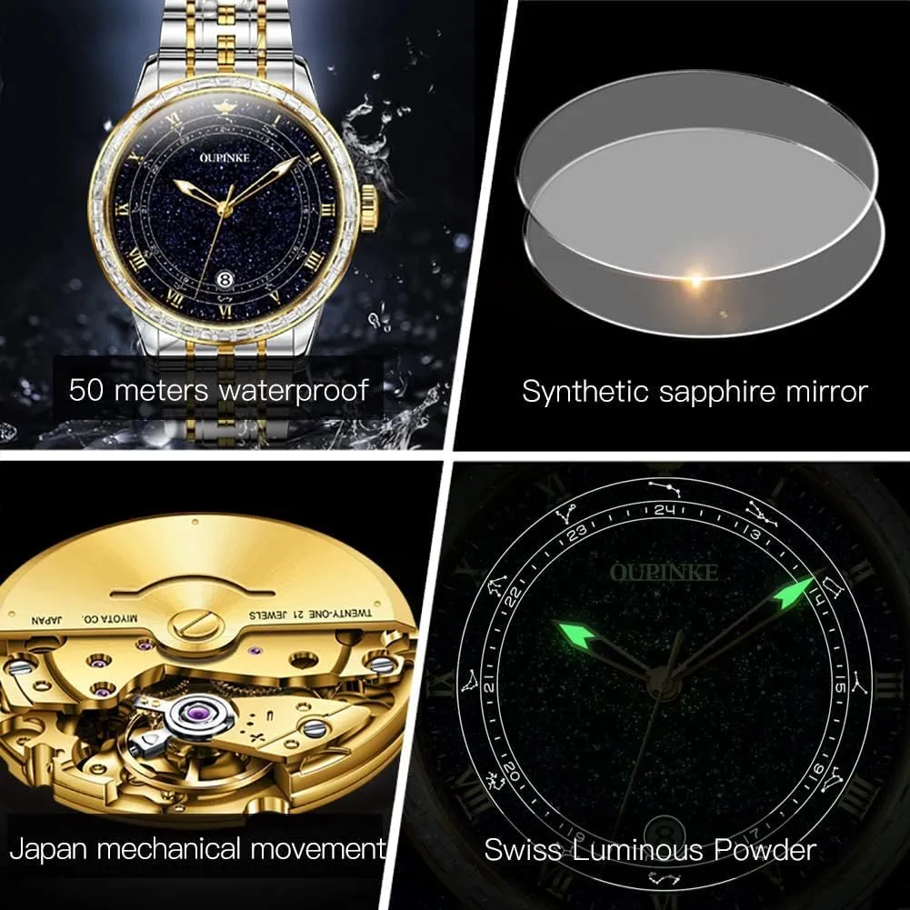 OUPINKE Automatic Watches for Men Starry Sky Luxury Mechanical Waterproof Date Luminous Sapphire Tungsten Steel Wrist Watch