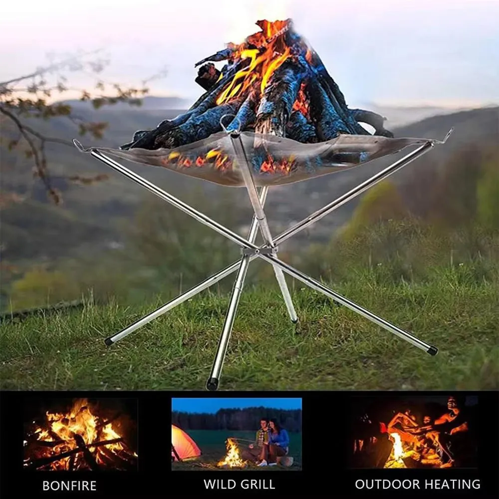 Outdoor BBQ Bonfire Rack Portable Camping Fire Pit Grill Stainless Steel Mesh Fire Pit Wood Stove Stand Foldable Fire Frame Rack