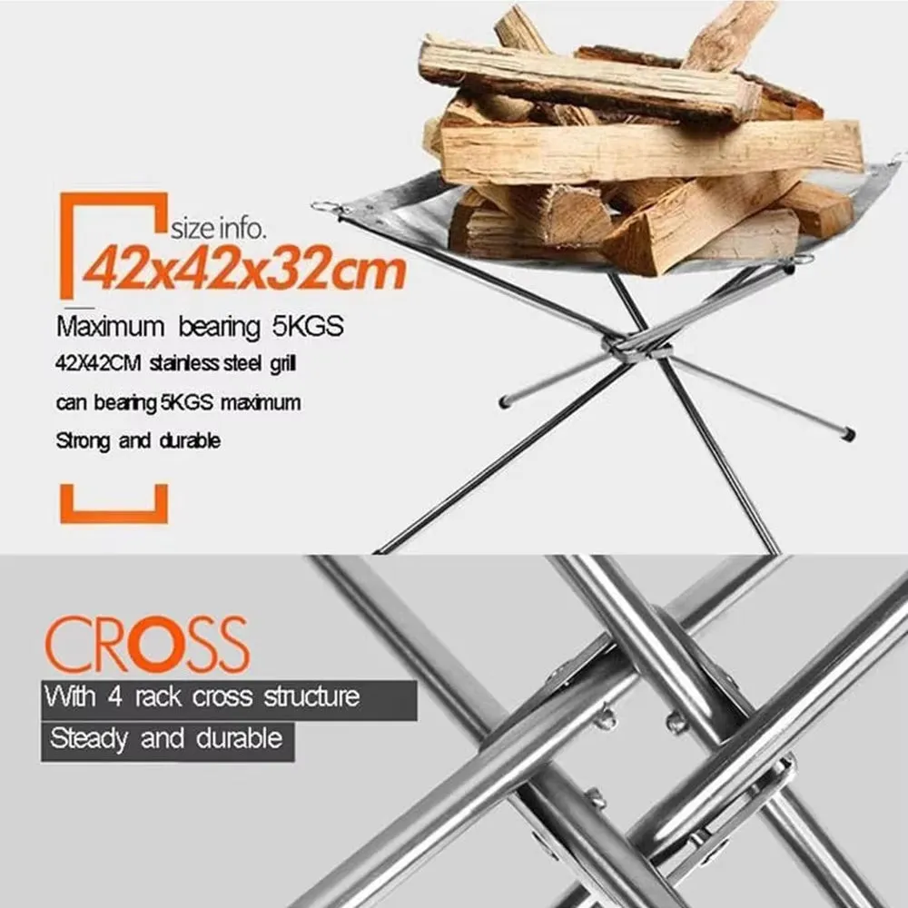Outdoor BBQ Bonfire Rack Portable Camping Fire Pit Grill Stainless Steel Mesh Fire Pit Wood Stove Stand Foldable Fire Frame Rack