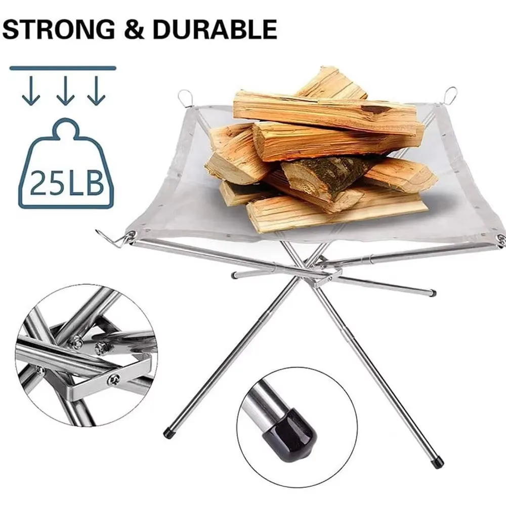 Outdoor BBQ Bonfire Rack Portable Camping Fire Pit Grill Stainless Steel Mesh Fire Pit Wood Stove Stand Foldable Fire Frame Rack