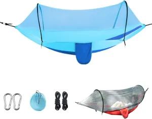 Outdoor Camping Nylon Hammock with Mosquito Net, No Installation Required, Anti-Rollover Design, Includes Support Poles