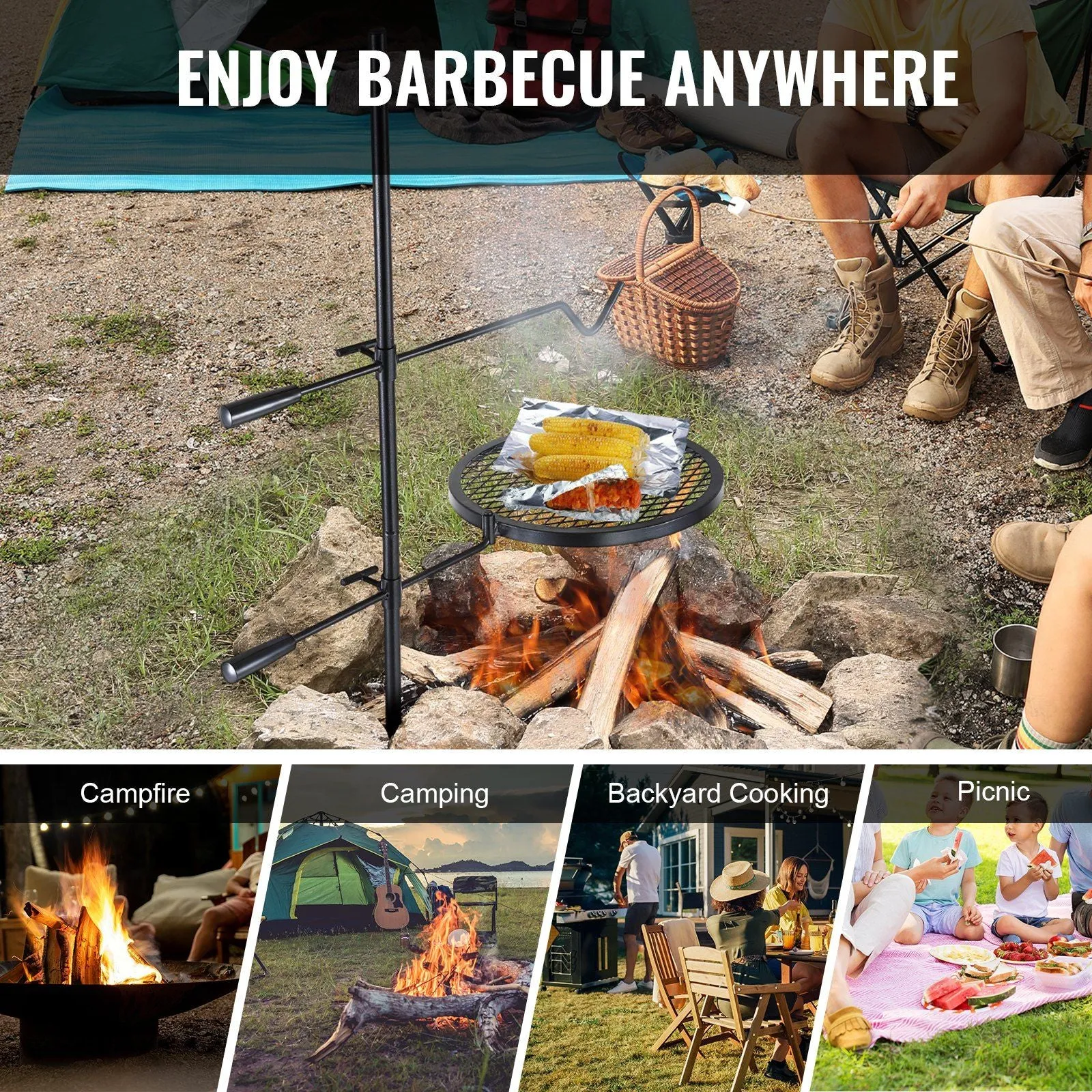Outdoor Fire 360° Duty Portable Adjustable Direct shipping Fire for Pit Grill Steel Campfire Pits, Grill, Swivel BBQ Racks Grates, Open Equipment, Fire Cooking Outdoor Fire Camping VEVOR Heavy over Camp Grate Massive discount Grill