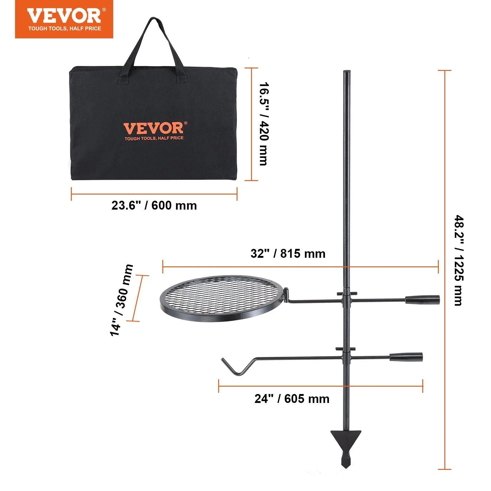 Outdoor Fire 360° Duty Portable Adjustable Direct shipping Fire for Pit Grill Steel Campfire Pits, Grill, Swivel BBQ Racks Grates, Open Equipment, Fire Cooking Outdoor Fire Camping VEVOR Heavy over Camp Grate Massive discount Grill