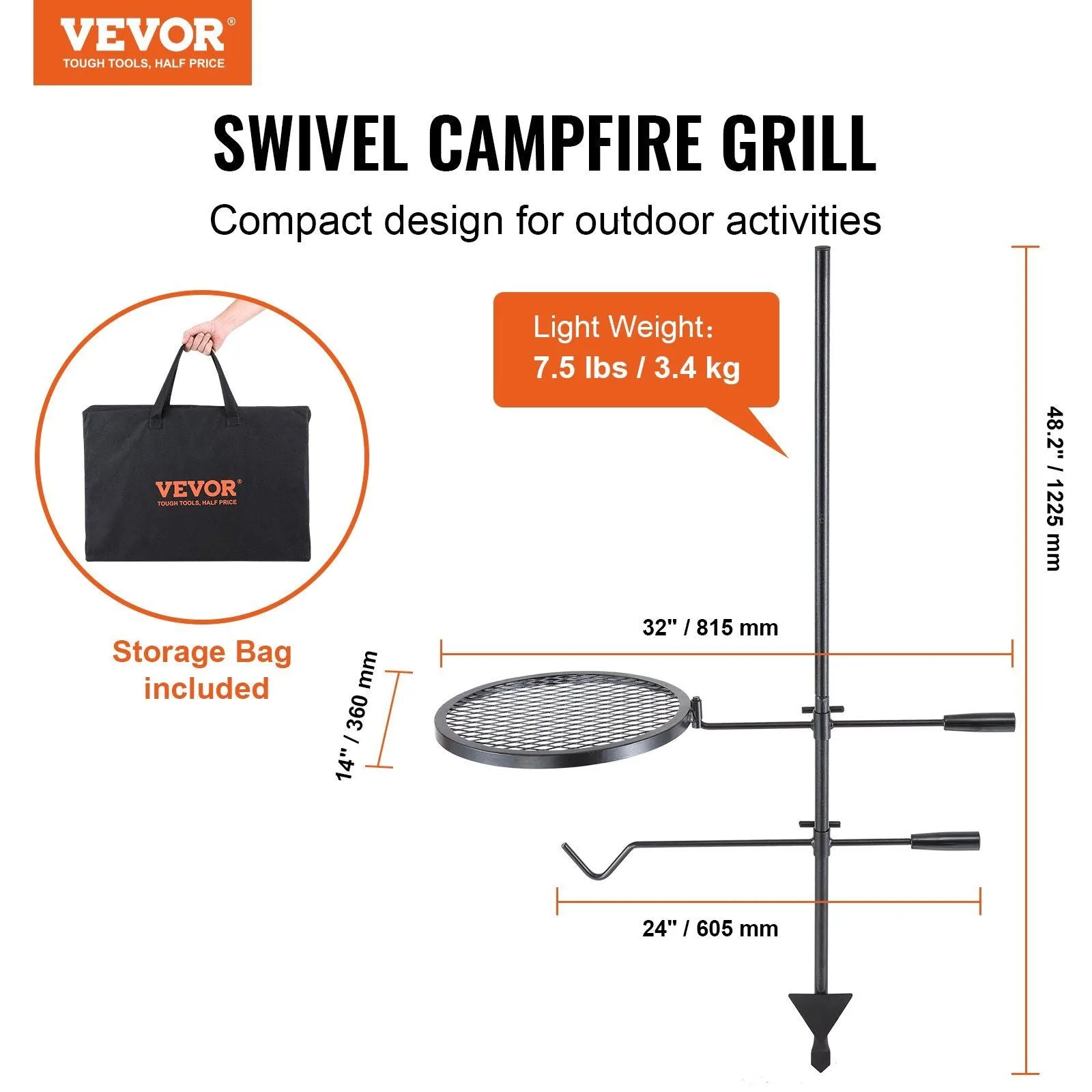 Outdoor Fire 360° Duty Portable Adjustable Direct shipping Fire for Pit Grill Steel Campfire Pits, Grill, Swivel BBQ Racks Grates, Open Equipment, Fire Cooking Outdoor Fire Camping VEVOR Heavy over Camp Grate Massive discount Grill
